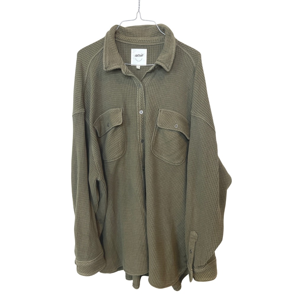 Aerie Womens Large Olive Green Waffle Knit Button Down Oversized Shacket Shirt